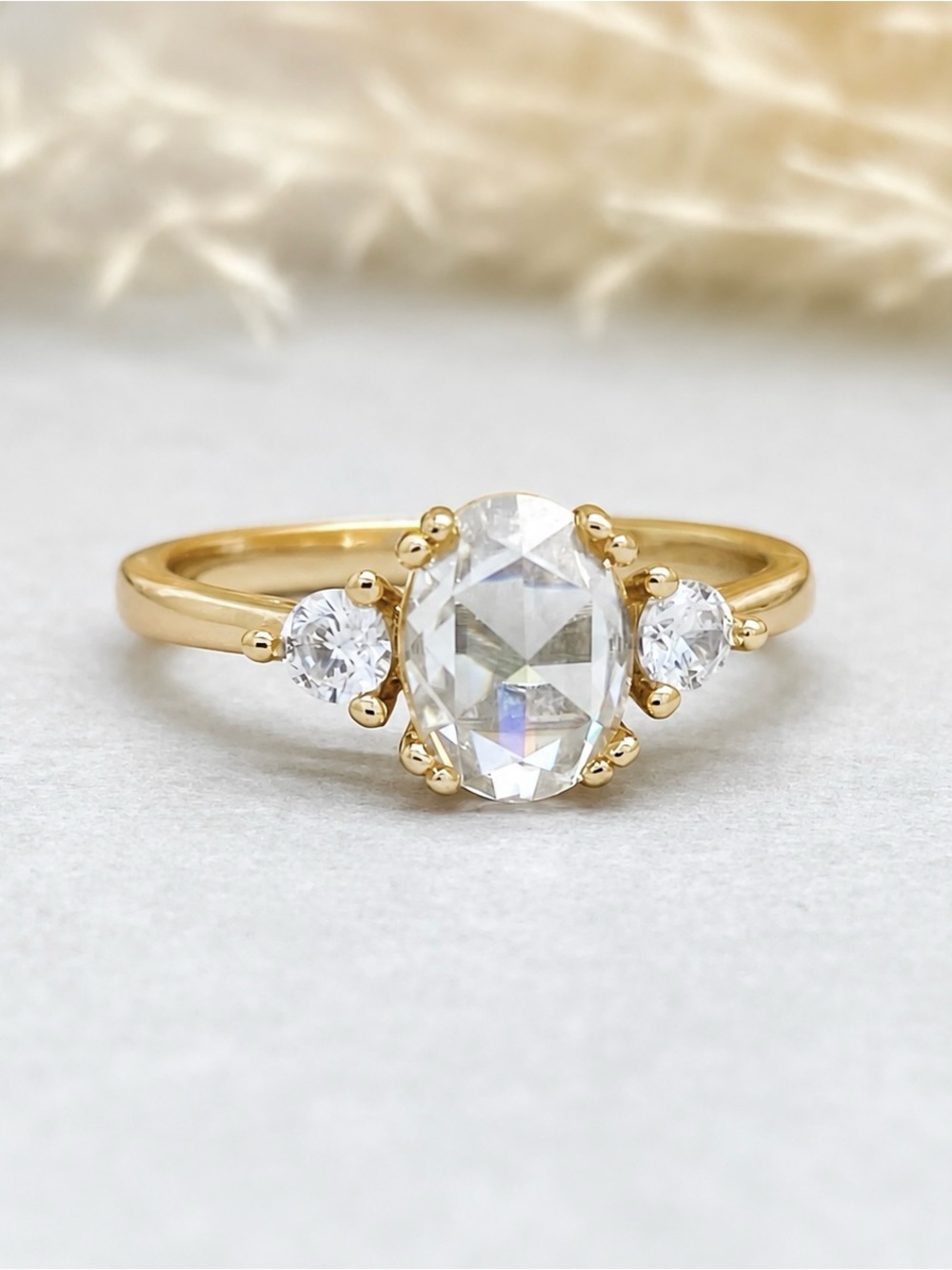 Yellow Gold Oval Rose Cut Moissanite Diamond Three Stone Sterling Silver Ring